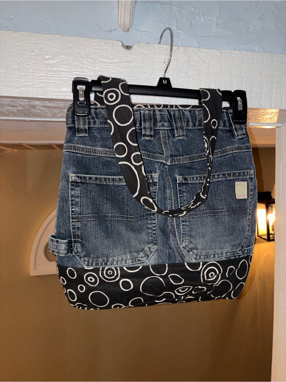 Denim tote bag with Black Patterned Hem and Straps